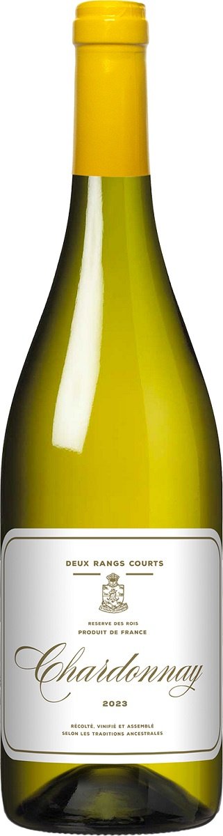 Butelka Deux Rangs Courts Chardonnay z żółtą kapsułą i jasną etykietą