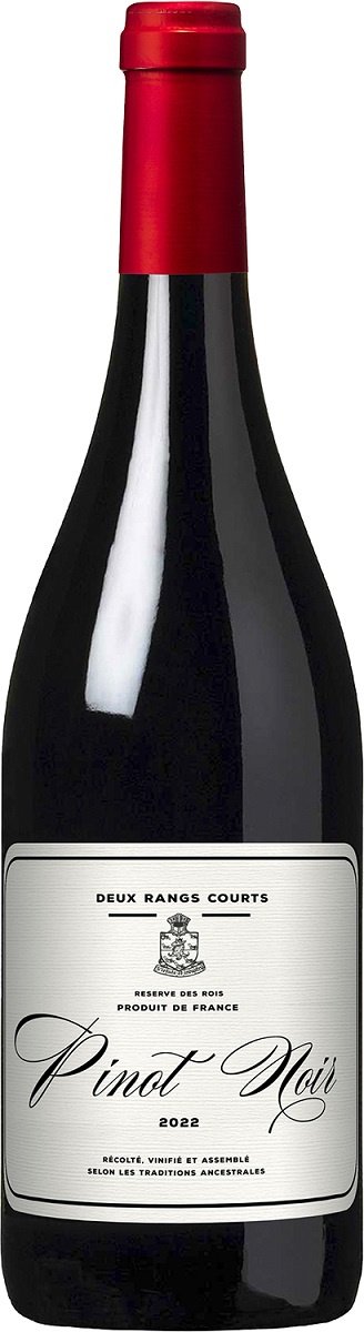 Butelka Deux Rangs Courts Pinot Noir z czerwoną kapsułą i jasną etykietą